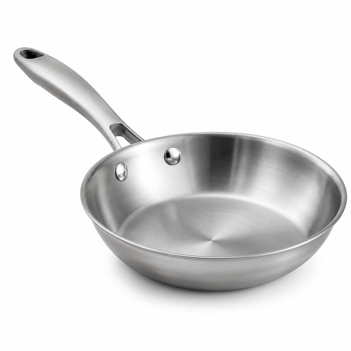 Glownary SS3 Series 8 Inch Tri-Ply Stainless Steel Fry Pan, Silver, NSF Listed, Induction Compatible, Dishwasher Safe, Ergonomic Handle, 450°F Heat Safe, Professional Grade