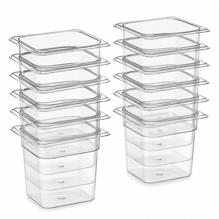 Glownary 1/6 Size Polycarbonate Food Pan Set, Clear, 6 Inch Deep, NSF Listed, 12-Pack for Refrigerated Prep Tables, Stackable, Dishwasher Safe, 6.75 x 6.38 Inches