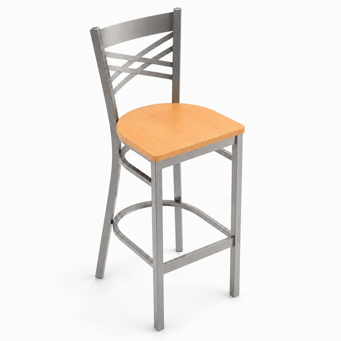 Glownary Cross Back Bar Stool, Clear Coat Metal Frame, Natural Wood Seat, Silver, 42.5 Inch Height, Indoor Use, 330 lb Capacity, Modern Style, Fully Assembled