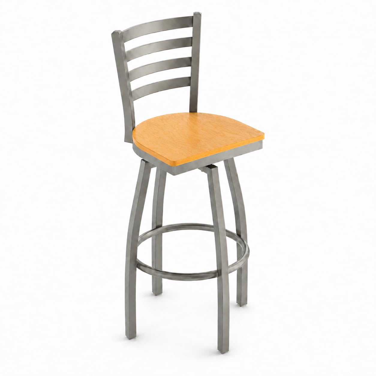 Glownary Ladder Back Bar Stool, Clear Coat Silver Metal Frame with Natural Wood Seat, 44.5-Inch Swivel Stool for Indoor Use, 330 lb Capacity