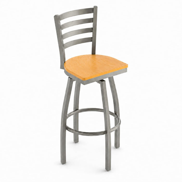 Glownary Ladder Back Bar Stool, Clear Coat Silver Metal Frame with Natural Wood Seat, 44.5-Inch Swivel Stool for Indoor Use, 330 lb Capacity