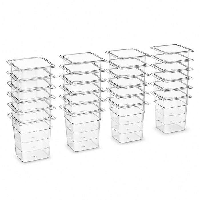 Glownary 1/6 Size Polycarbonate Food Pan Set, Clear, 6 Inch Deep, 24-Count, Rectangle, for Mega Top Refrigerated Sandwich Prep Tables, NSF Listed, Stackable, 6.75 x 6.38 Inches