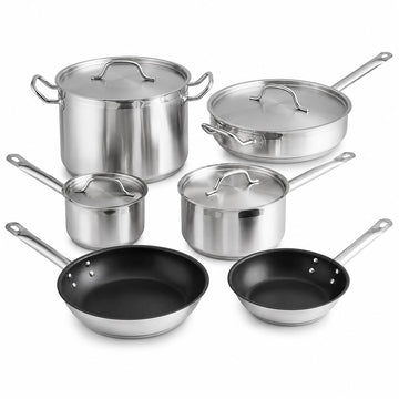 SS1 Series 10-Piece Induction Ready Stainless Steel Cookware Set, Silver, 21/22 Gauge with Aluminum Core, 2-12 Qt Capacity, NSF Listed, Includes Sauce Pans, Fry Pans, Stock Pot