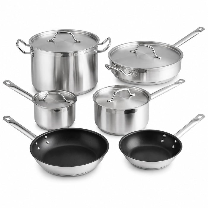 SS1 Series 10-Piece Induction Ready Stainless Steel Cookware Set, Silver, 21/22 Gauge with Aluminum Core, 2-12 Qt Capacity, NSF Listed, Includes Sauce Pans, Fry Pans, Stock Pot