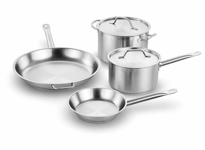 SS1 Series 6-Piece Induction Ready Stainless Steel Cookware Set, Silver, 4mm Aluminum-Clad Bottom, with 4 Qt Sauce Pan, 12" and 8" Fry Pans, 8 Qt Stock Pot