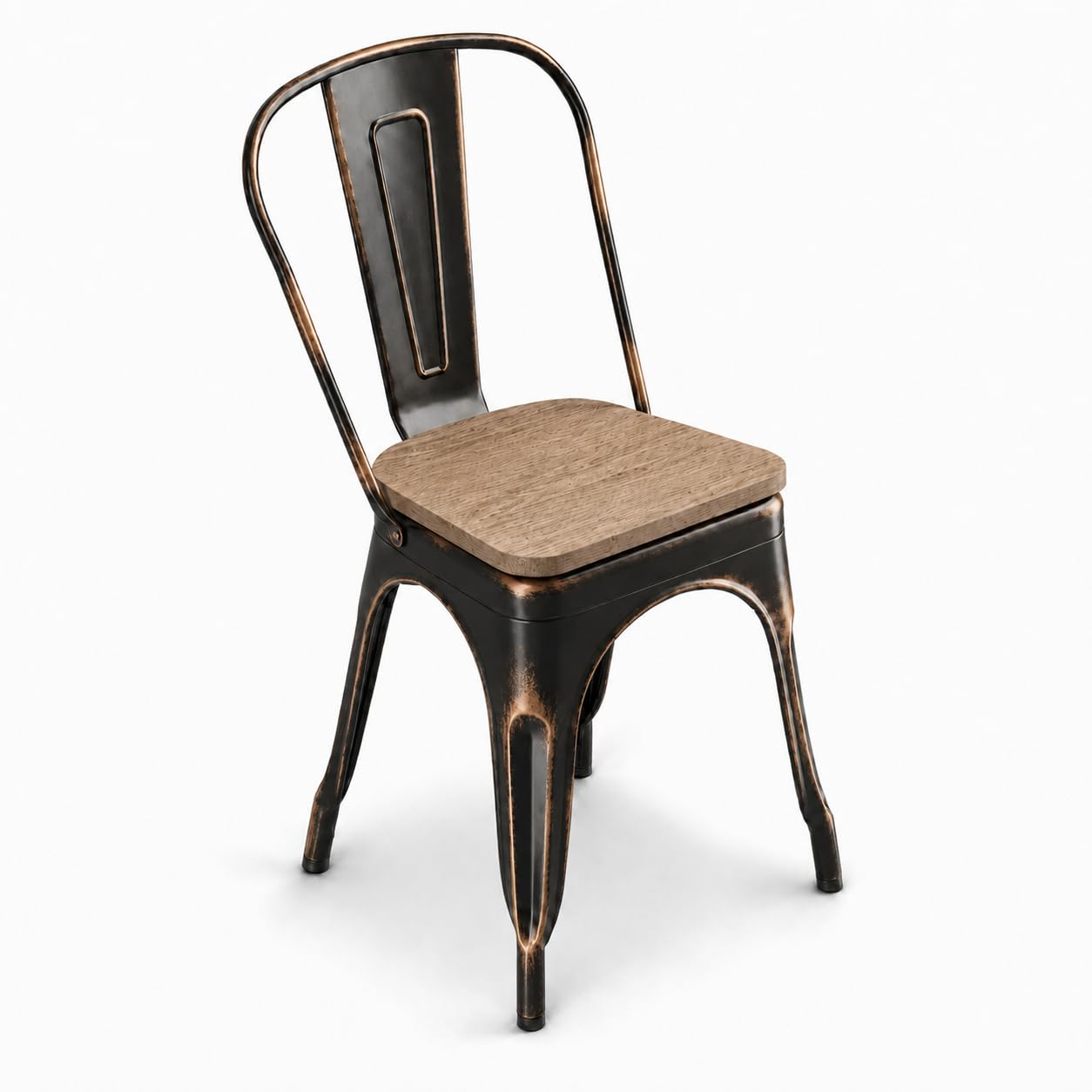 Glownary Alloy Industrial Cafe Chair, Distressed Copper with Gray Wood Seat, Stackable, 400 lb Capacity, Indoor Use