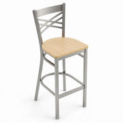 Glownary Cross Back Bar Stool, Silver Metal Frame with Driftwood Wood Seat, 42.5 Inch Height, 330 lb Capacity, Modern Indoor Commercial Use
