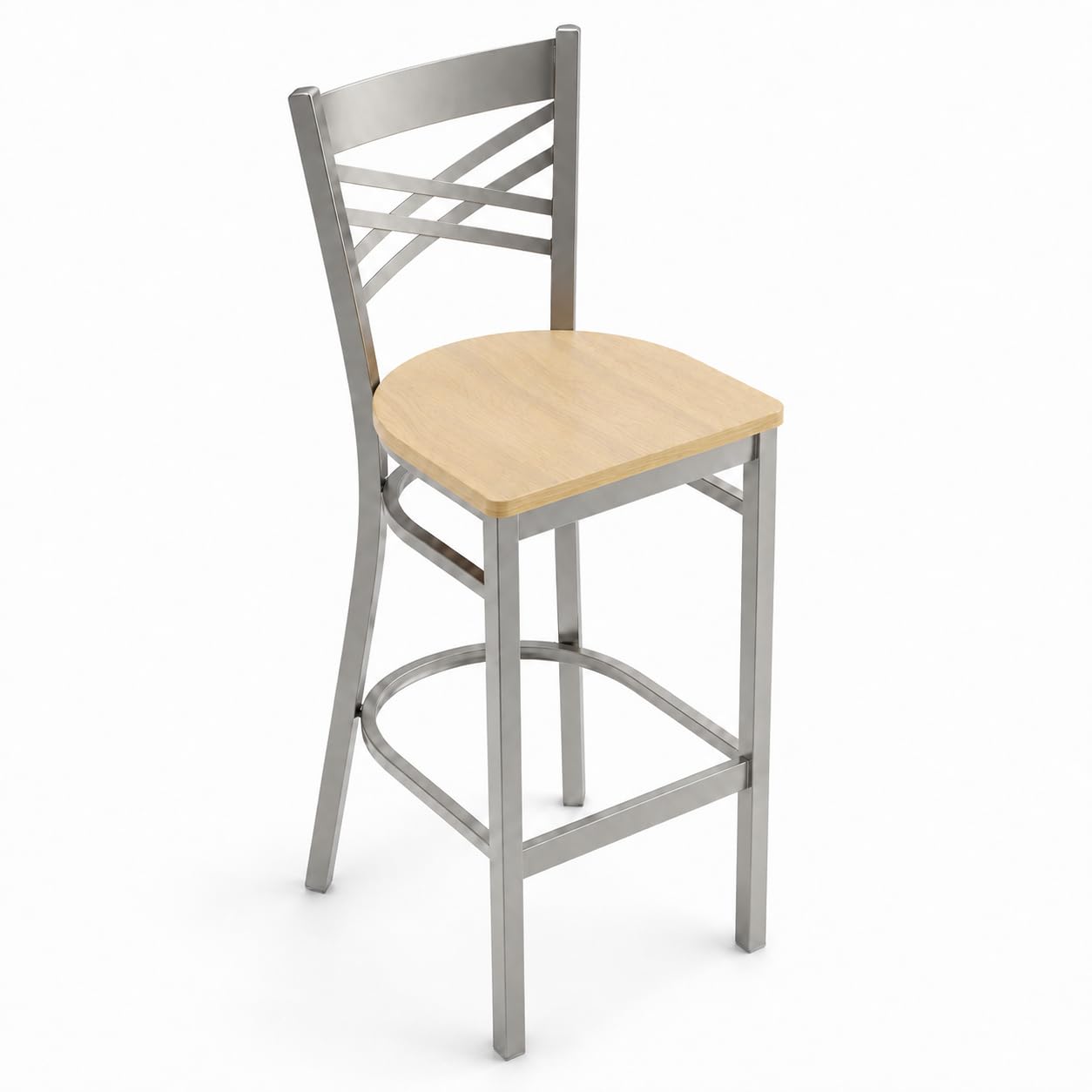 Glownary Cross Back Bar Stool, Silver Metal Frame with Driftwood Wood Seat, 42.5 Inch Height, 330 lb Capacity, Modern Indoor Commercial Use