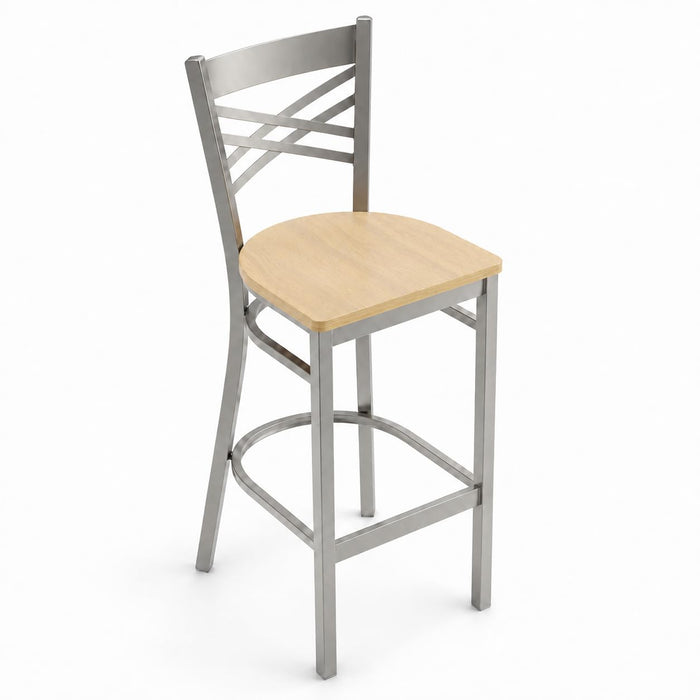 Glownary Cross Back Bar Stool, Silver Metal Frame with Driftwood Wood Seat, 42.5 Inch Height, 330 lb Capacity, Modern Indoor Commercial Use