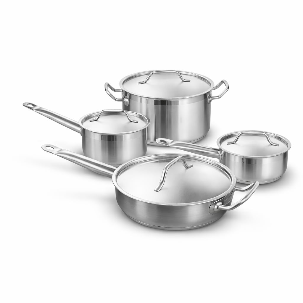 SS1 Series 8-Piece Induction Ready Stainless Steel Cookware Set, Silver, 1-2 Qt Sauce Pans, 6.75 Qt Pot, 3 Qt Saute Pan with Lids, Aluminum-Clad Bottom, Commercial Grade