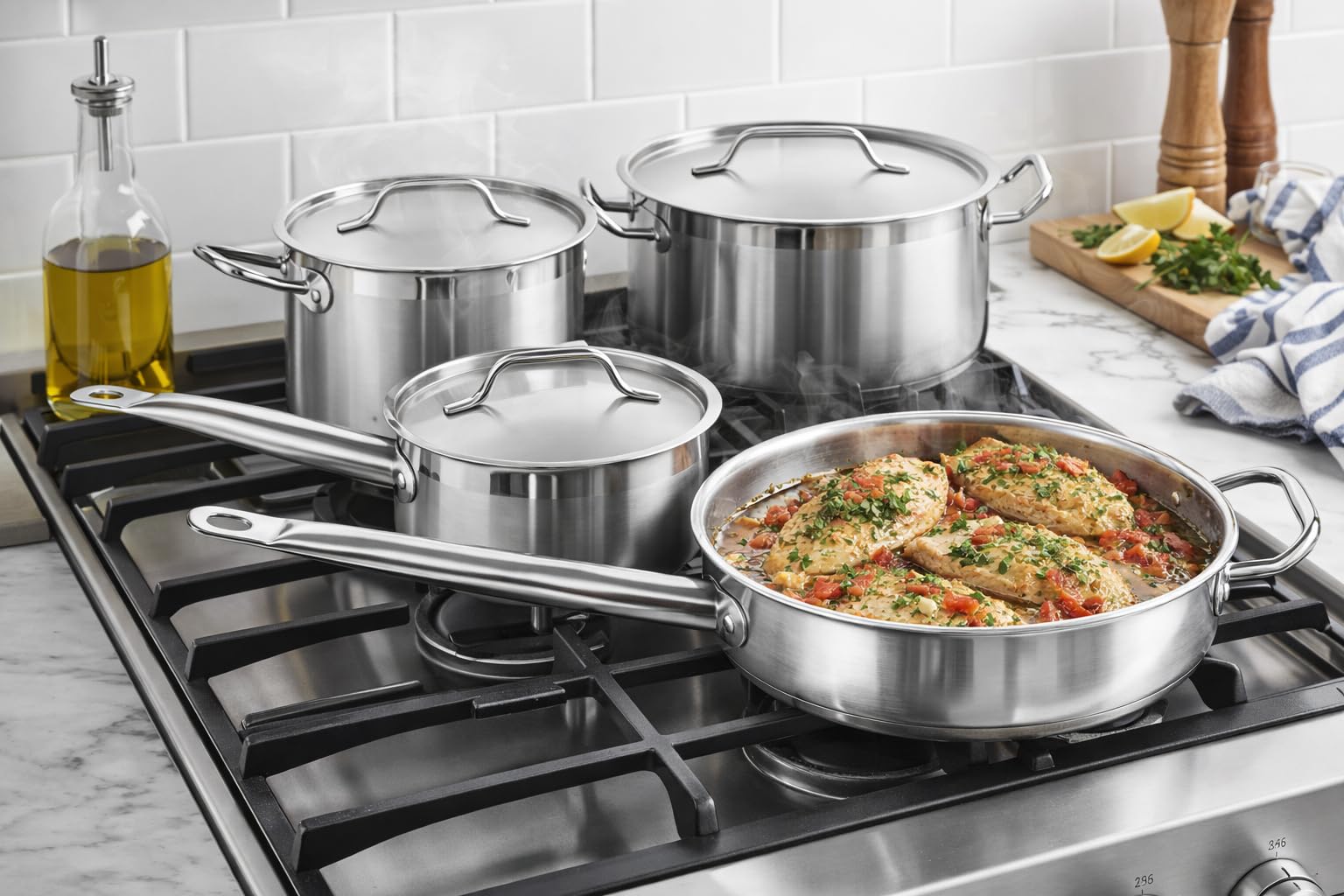 SS1 Series 8-Piece Induction Ready Stainless Steel Cookware Set, Silver, 1-2 Qt Sauce Pans, 6.75 Qt Pot, 3 Qt Saute Pan with Lids, Aluminum-Clad Bottom, Commercial Grade view 2