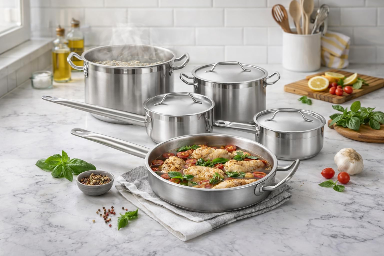 SS1 Series 8-Piece Induction Ready Stainless Steel Cookware Set, Silver, 1-2 Qt Sauce Pans, 6.75 Qt Pot, 3 Qt Saute Pan with Lids, Aluminum-Clad Bottom, Commercial Grade view 3