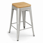 Glownary Alloy Silver Counter Height Stool, Industrial Metal Frame with Natural Wood Seat, Backless Stackable Design, 24.75 Inch, 400 lb Capacity