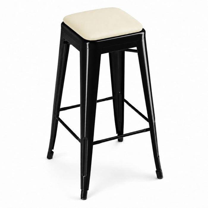 Glownary Alloy Backless Bar Stool, Onyx Black Steel Frame, White Vinyl Cushion, 30 Inch Height, Indoor, Stackable, 400 lb Capacity