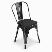 Glownary Alloy Industrial Cafe Chair, Distressed Onyx Black Steel Frame with Wood Seat, Stackable, 400 lb Capacity, 33.5 Inch Height, Indoor Use