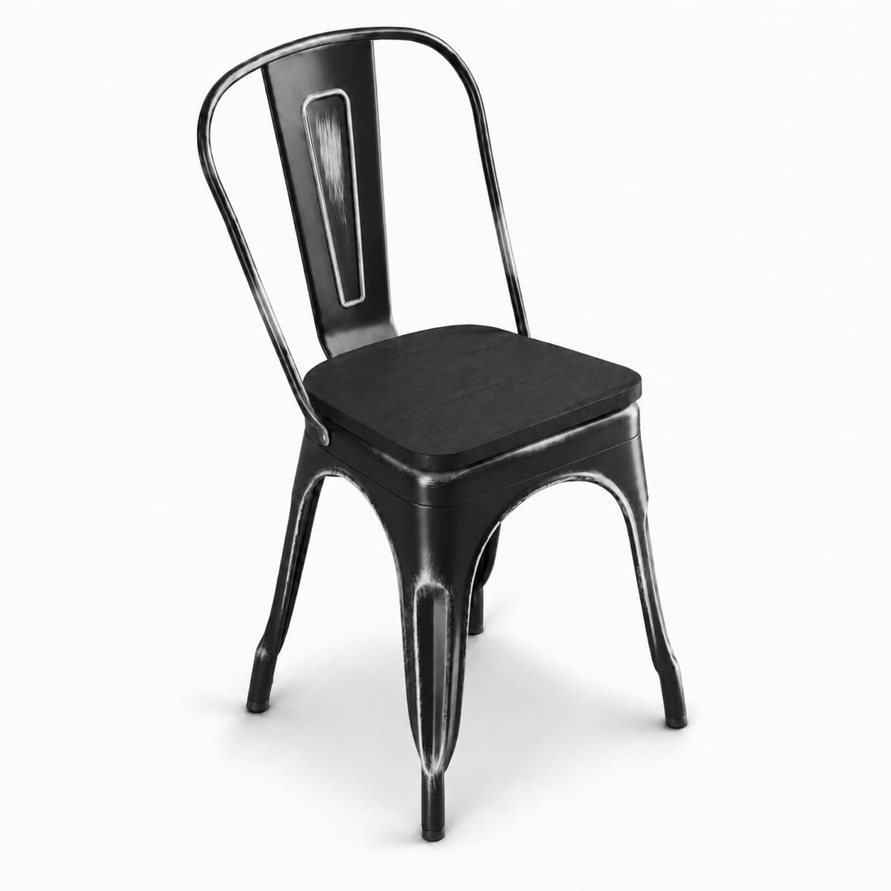 Glownary Alloy Industrial Cafe Chair, Distressed Onyx Black Steel Frame with Wood Seat, Stackable, 400 lb Capacity, 33.5 Inch Height, Indoor Use