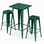 Glownary Steel Bar Height Outdoor Table Set, 23.5 x 23.5 Inch Square Table with 2 Stackable Backless Barstools, Emerald Green, Indoor/Outdoor Use
