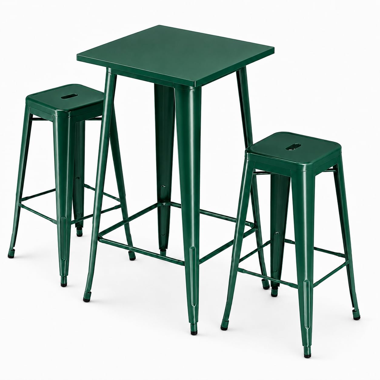 Glownary Steel Bar Height Outdoor Table Set, 23.5 x 23.5 Inch Square Table with 2 Stackable Backless Barstools, Emerald Green, Indoor/Outdoor Use