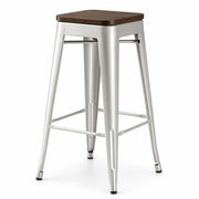 Glownary Alloy Silver Backless Barstool with Walnut Wood Seat, 30.75 Inch Bar Height, Stackable, Indoor, 400 lb Capacity, Clear Coat Finish