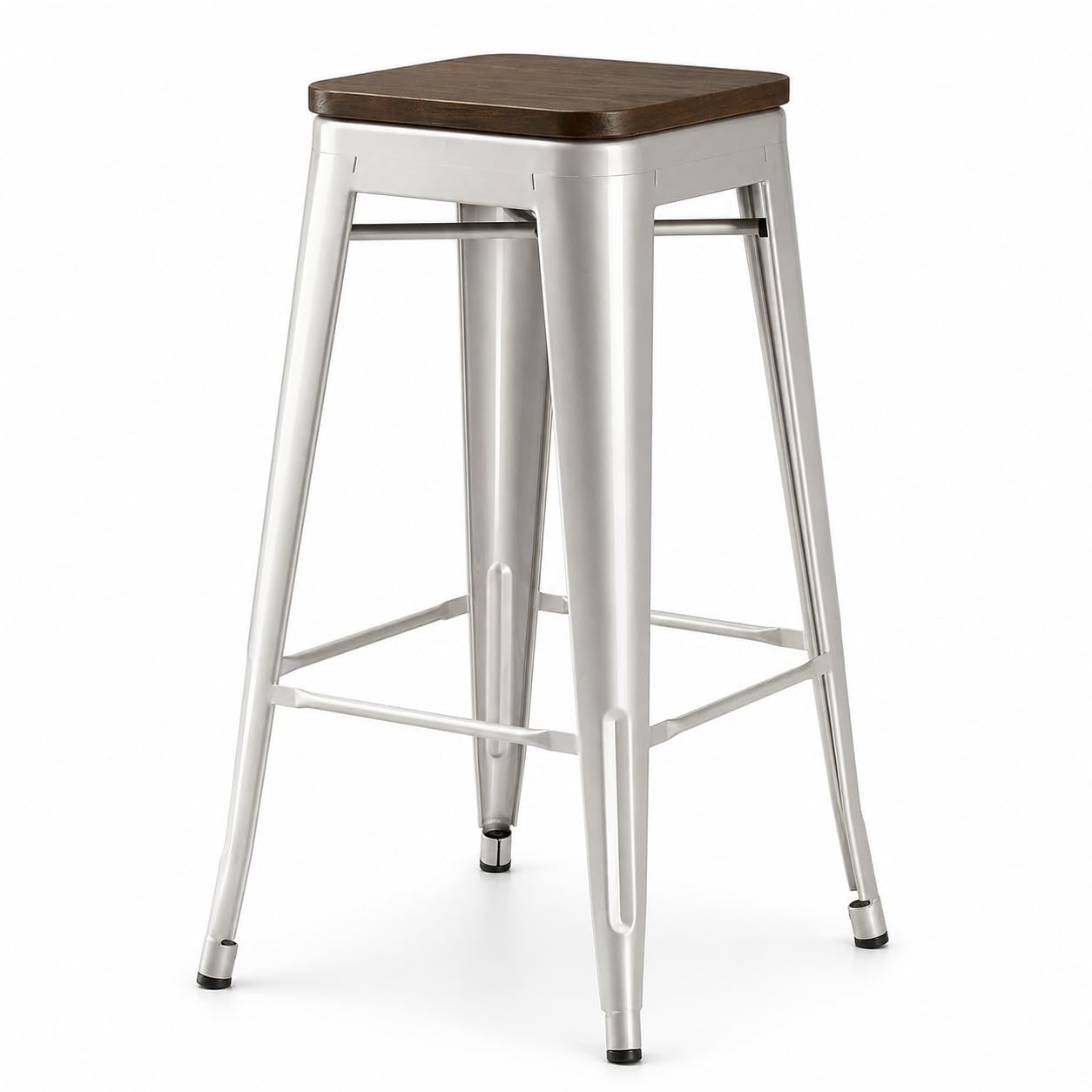Glownary Alloy Silver Backless Barstool with Walnut Wood Seat, 30.75 Inch Bar Height, Stackable, Indoor, 400 lb Capacity, Clear Coat Finish