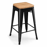 Glownary Alloy Counter Height Stool, Onyx Black Steel Frame with Natural Wood Seat, Backless Industrial Modern Design, 24.75 Inch, 400 lb Capacity, Stackable