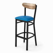 Glownary Boomerang Bar Stool, Black Steel Frame with Blue Vinyl Seat, Driftwood Back, 43.38 Inches Height, 330 lb Capacity, Mid-Century Style