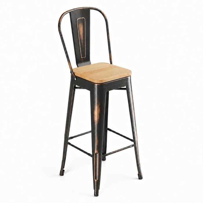 Glownary Industrial Bar Stool with Natural Wood Seat, Distressed Copper Metal Frame, 46.5-Inch Height, Indoor Cafe Barstool, 400 lb Capacity