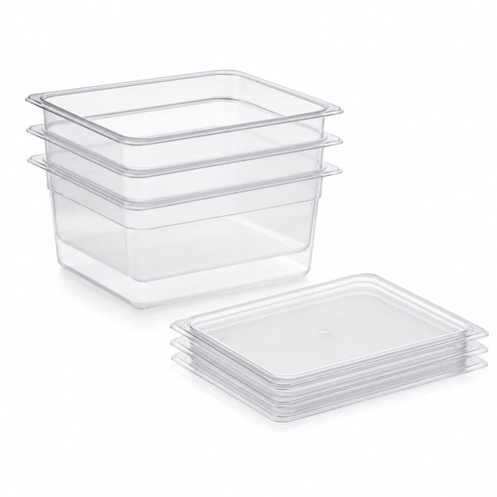 Glownary 1/2 Size Food Pan Set with Sealing Lids, 6 Inch Deep Translucent Polypropylene, 3 Pack, BPA Free, NSF Listed, 12.75x10.44 Inches, Chemical-Resistant, Stackable
