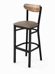 Glownary Boomerang Bar Stool, Black Metal Frame with Taupe Vinyl Seat, Driftwood Back, 43.38 Inch Height, Mid-Century Design, Indoor Use
