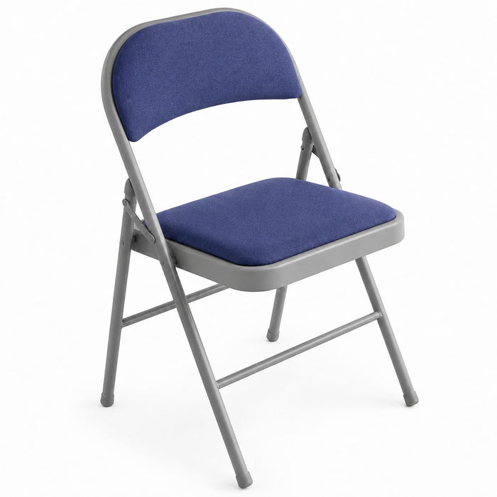 Glownary [ 4 Chairs] Blue Fabric Folding Chair, Padded Seat and Back, 18.5x19x29 Inches, 300 lb Capacity, Gray Steel Frame, Commercial Grade