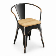 Glownary Industrial Metal Arm Chair, Distressed Copper with Natural Wood Seat, 17.5x17x28.5 Inches, 400 lb Capacity, Stackable Indoor Dining Chair