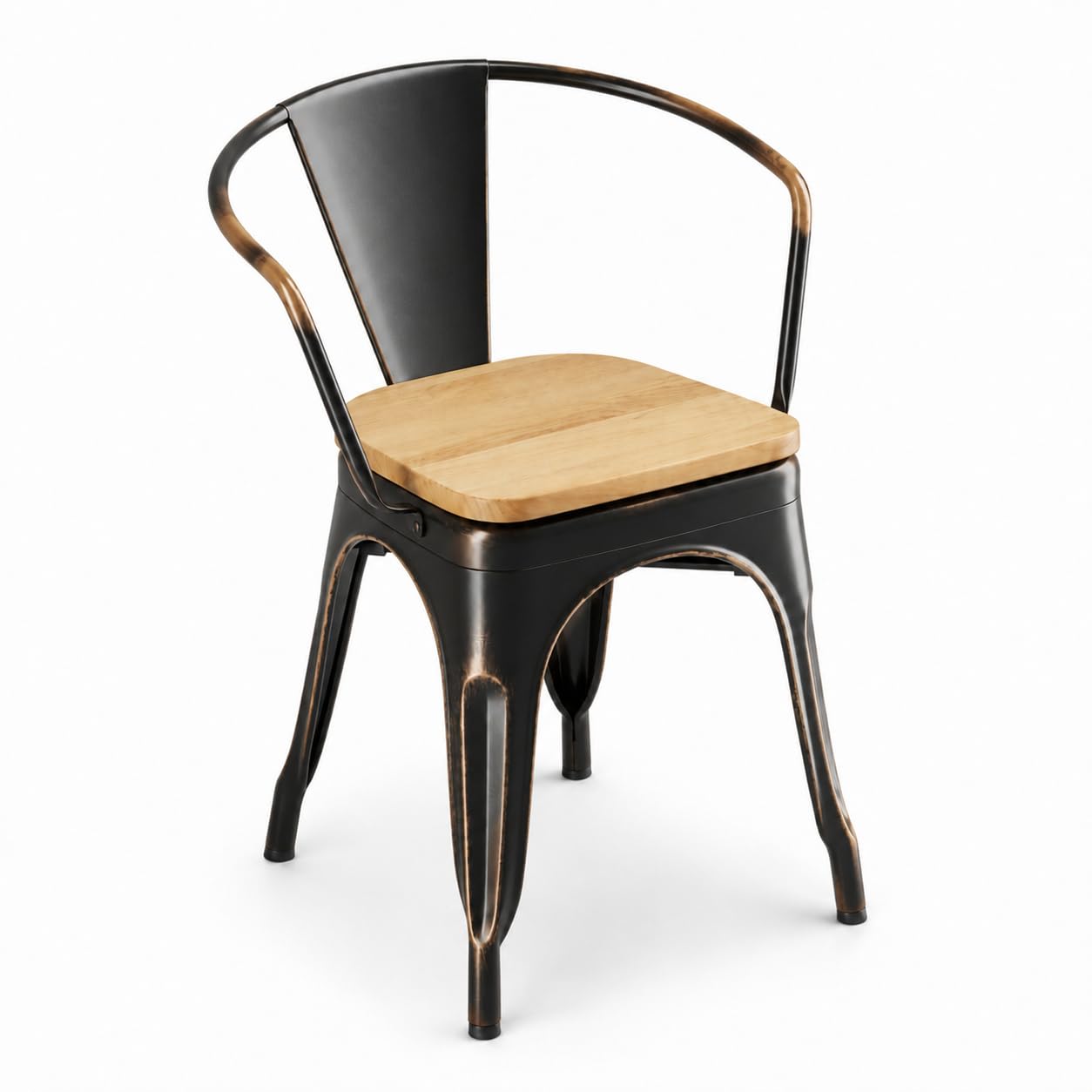 Glownary Industrial Metal Arm Chair, Distressed Copper with Natural Wood Seat, 17.5x17x28.5 Inches, 400 lb Capacity, Stackable Indoor Dining Chair