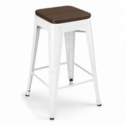 Glownary Alloy Pearl White Counter Height Stool, Backless Metal Frame with Walnut Wood Seat, 24.75 Inch, Stackable, 400 lb Capacity, Indoor Use