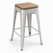 Glownary Alloy Silver Counter Height Stool, Gray Wood Seat, Stackable, Backless, Industrial Modern Design, 24.75 Inch, 400 lb Capacity, Indoor Use