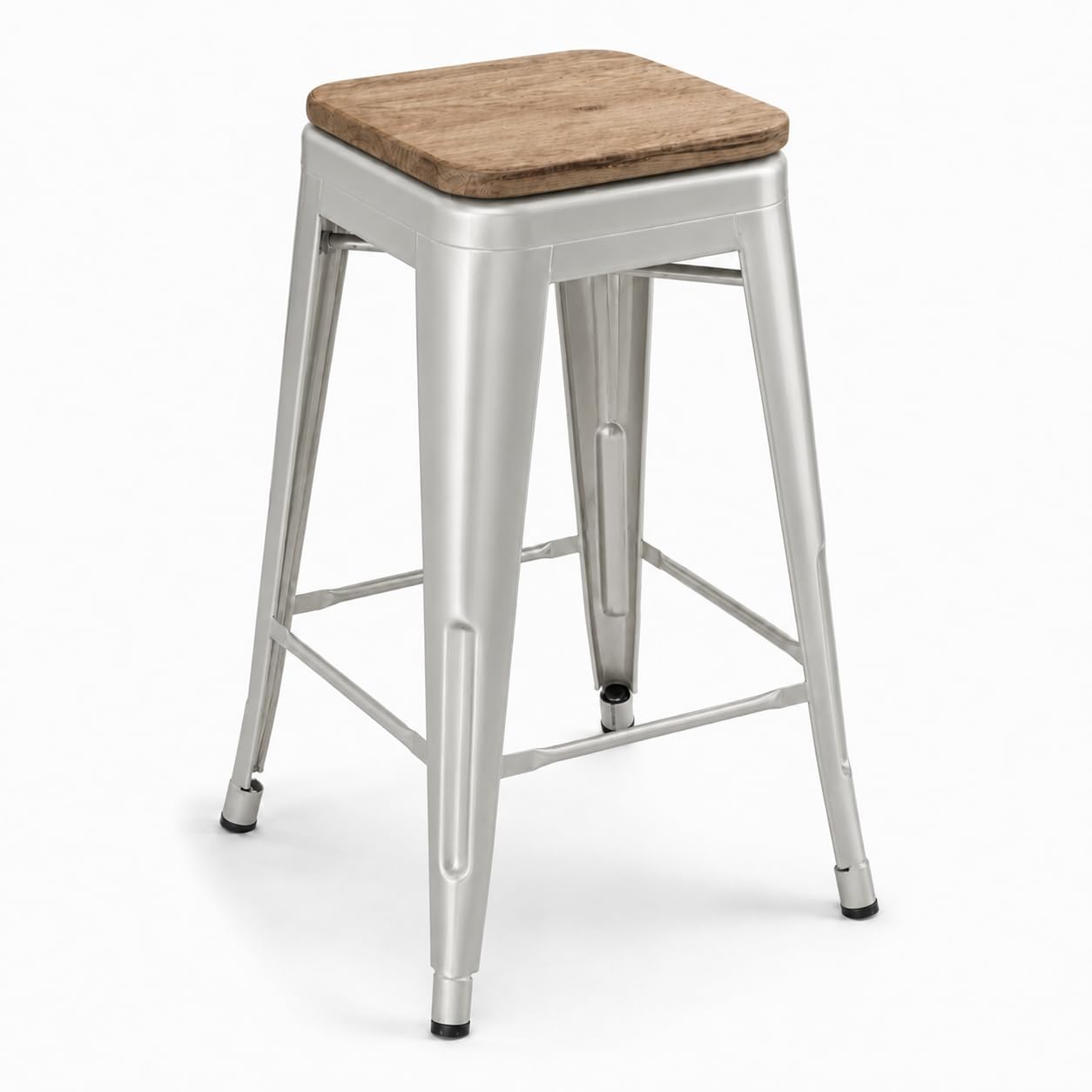 Glownary Alloy Silver Counter Height Stool, Gray Wood Seat, Stackable, Backless, Industrial Modern Design, 24.75 Inch, 400 lb Capacity, Indoor Use