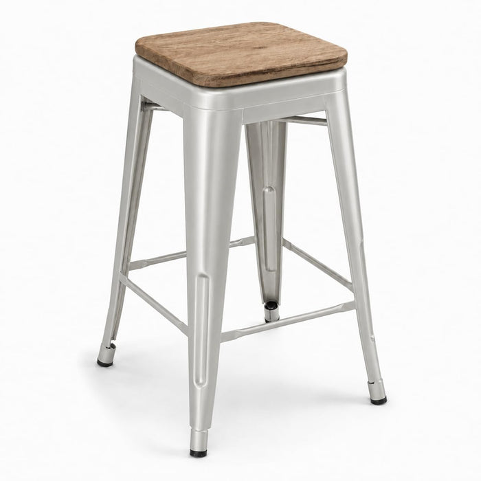 Glownary Alloy Silver Counter Height Stool, Gray Wood Seat, Stackable, Backless, Industrial Modern Design, 24.75 Inch, 400 lb Capacity, Indoor Use