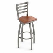 Glownary Ladder Back Bar Stool, Clear Coat Metal Frame, Antique Walnut Wood Seat, 44.5 Inch Height, 330 lb Capacity, Swivel Design, Modern Style, Indoor Use