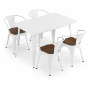 Glownary 30 x 48 Inch Pearl White Indoor Dining Table Set with 4 Steel Arm Chairs, Walnut Wood Seats, Stackable, Rectangle, Standard Height