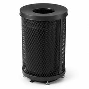 Glownary 36 Gallon Heavy-Duty Round Trash Can, Black Expanded Steel, Thermoplastic Coating, Flat Lid, Outdoor Use, 23.75 x 36.75 Inches