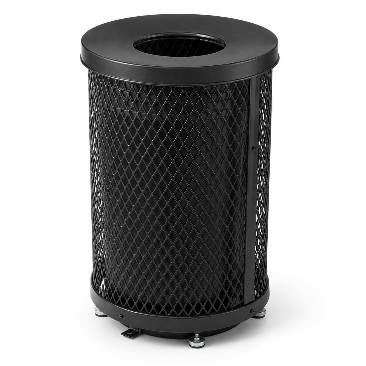 Glownary 36 Gallon Heavy-Duty Round Trash Can, Black Expanded Steel, Thermoplastic Coating, Flat Lid, Outdoor Use, 23.75 x 36.75 Inches