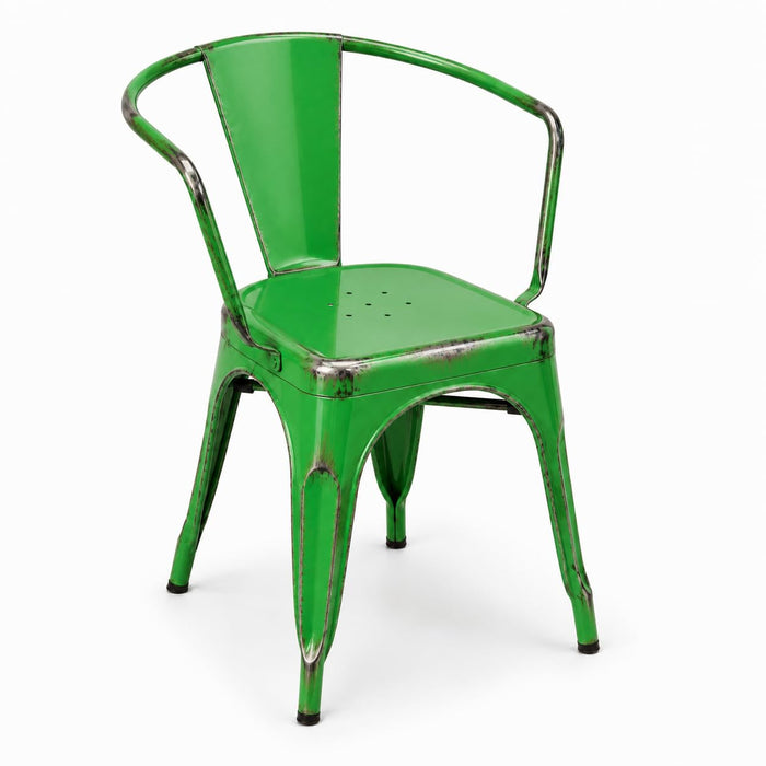 Glownary Distressed Jade Green Metal Arm Chair, 17.5x17x28.5 Inches, Stackable Indoor Outdoor Seating, 400 lb Capacity, Modern Coastal Style