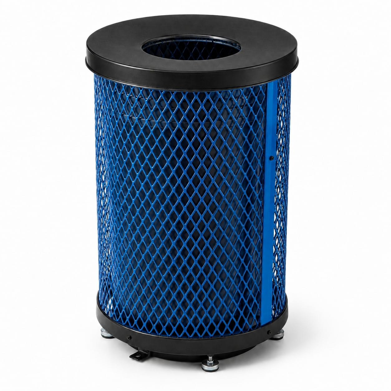 Glownary 36 Gallon Round Expanded Steel Outdoor Trash Can, Blue, Heavy-Duty with Flat Lid, Plastic Liner, 23.75 x 36.75 Inches