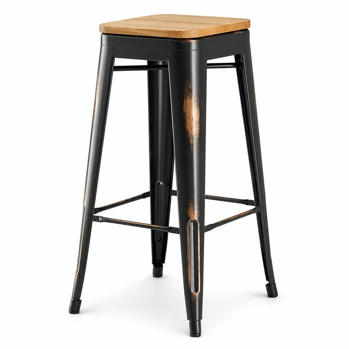 Glownary Alloy Distressed Copper Indoor Barstool, 30.75 Inch Height, Metal Frame with Natural Wood Seat, Stackable, 400 lb Capacity, Industrial Modern Style