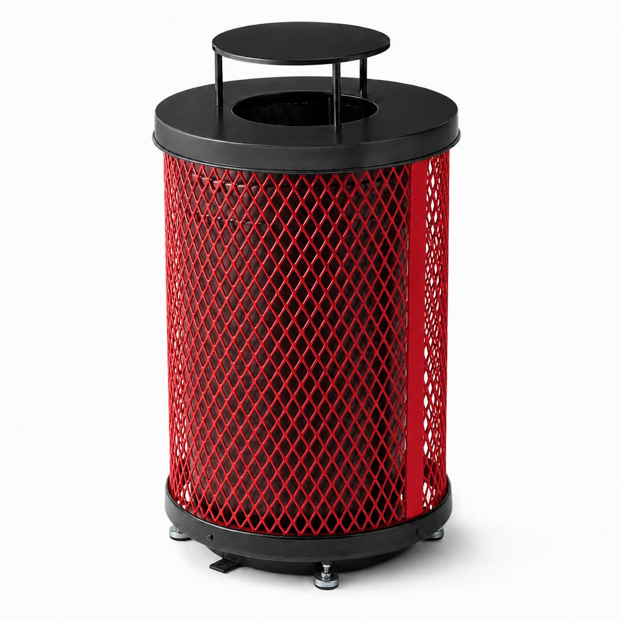Glownary 36 Gallon Round Outdoor Trash Can, Red Expanded Steel with Rain Bonnet Lid, Heavy-Duty, 23.75 x 42.625 Inches