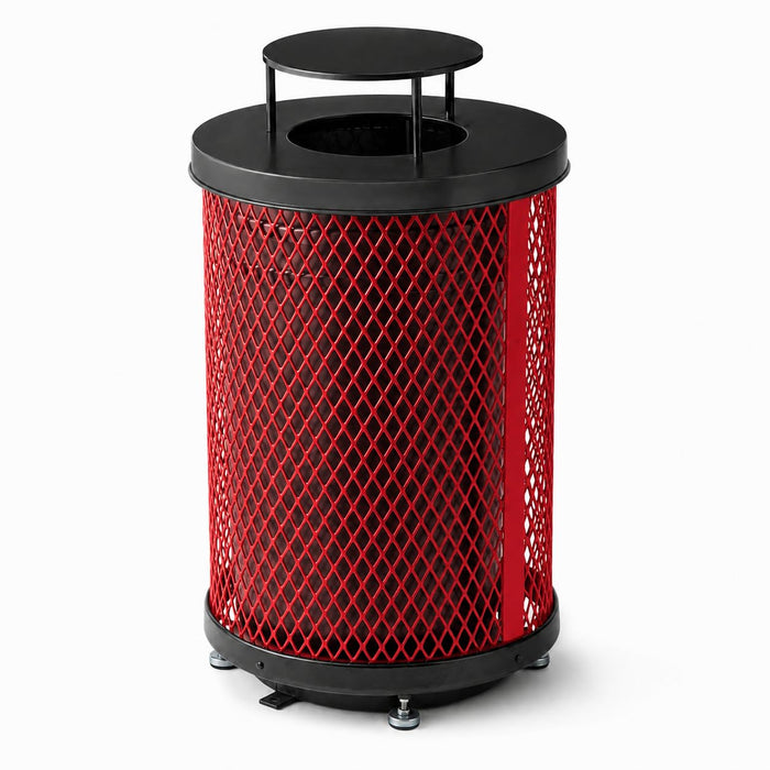 Glownary 36 Gallon Round Outdoor Trash Can, Red Expanded Steel with Rain Bonnet Lid, Heavy-Duty, 23.75 x 42.625 Inches