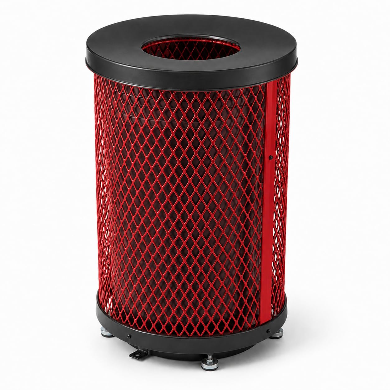 Glownary 36 Gallon Heavy-Duty Round Trash Can, Red Expanded Steel, Thermoplastic Coating, Flat Lid, Outdoor Use, 23.75 x 36.75 Inches