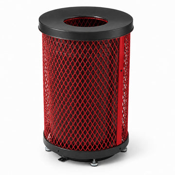 Glownary 36 Gallon Heavy-Duty Round Trash Can, Red Expanded Steel, Thermoplastic Coating, Flat Lid, Outdoor Use, 23.75 x 36.75 Inches