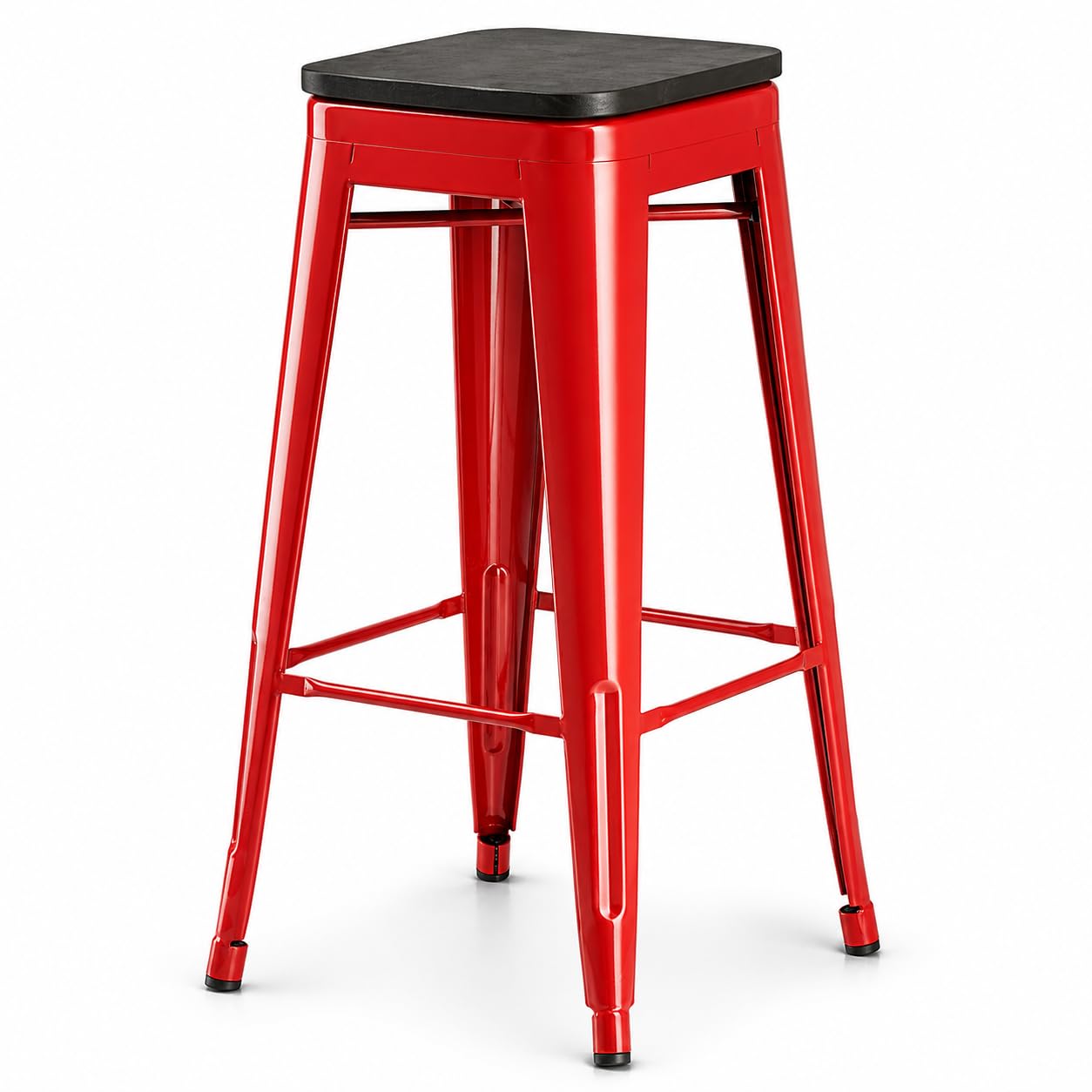 Glownary Alloy Ruby Red Indoor Backless Barstool with Black Wood Seat, 30.75 Inch Height, 400 lb Capacity, Stackable, Modern Design