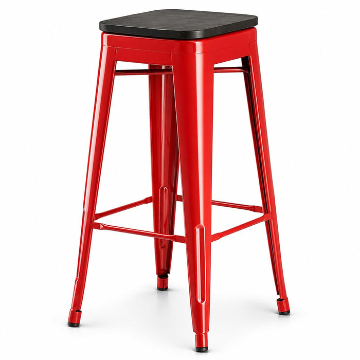 Glownary Alloy Ruby Red Indoor Backless Barstool with Black Wood Seat, 30.75 Inch Height, 400 lb Capacity, Stackable, Modern Design