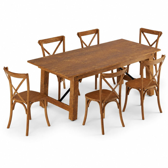 Glownary Vineyard 7' Barrel Brown Wood Folding Table Set with 6 Cross Back Chairs, Pinewood Table, Ashwood Seating, Rectangle, Indoor Use, 84x40x30 Inches